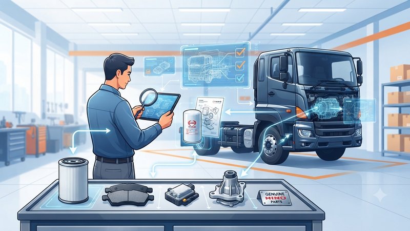 Современная иллюстрация запчастей для спецтехники Hino для руководства по подбору совместимых деталей в 2026 году